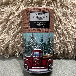 Christmas Puzzle with Red Truck Primitive Kathy Painted snow trees cozy